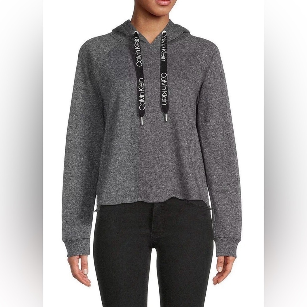 Calvin Klein Women’s Gray Heather Cropped Fleece Lined Hoodie Pullover L